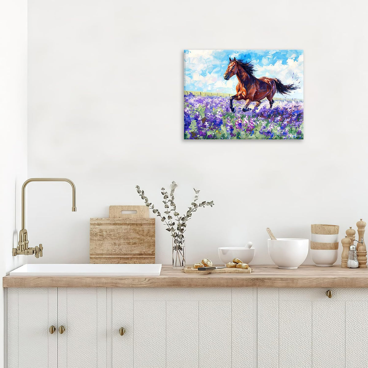 Horse Canvas Wall Art Lavender Print Painting Framed ArtWork 12"x16" (Horse / 16"L x 12"W)