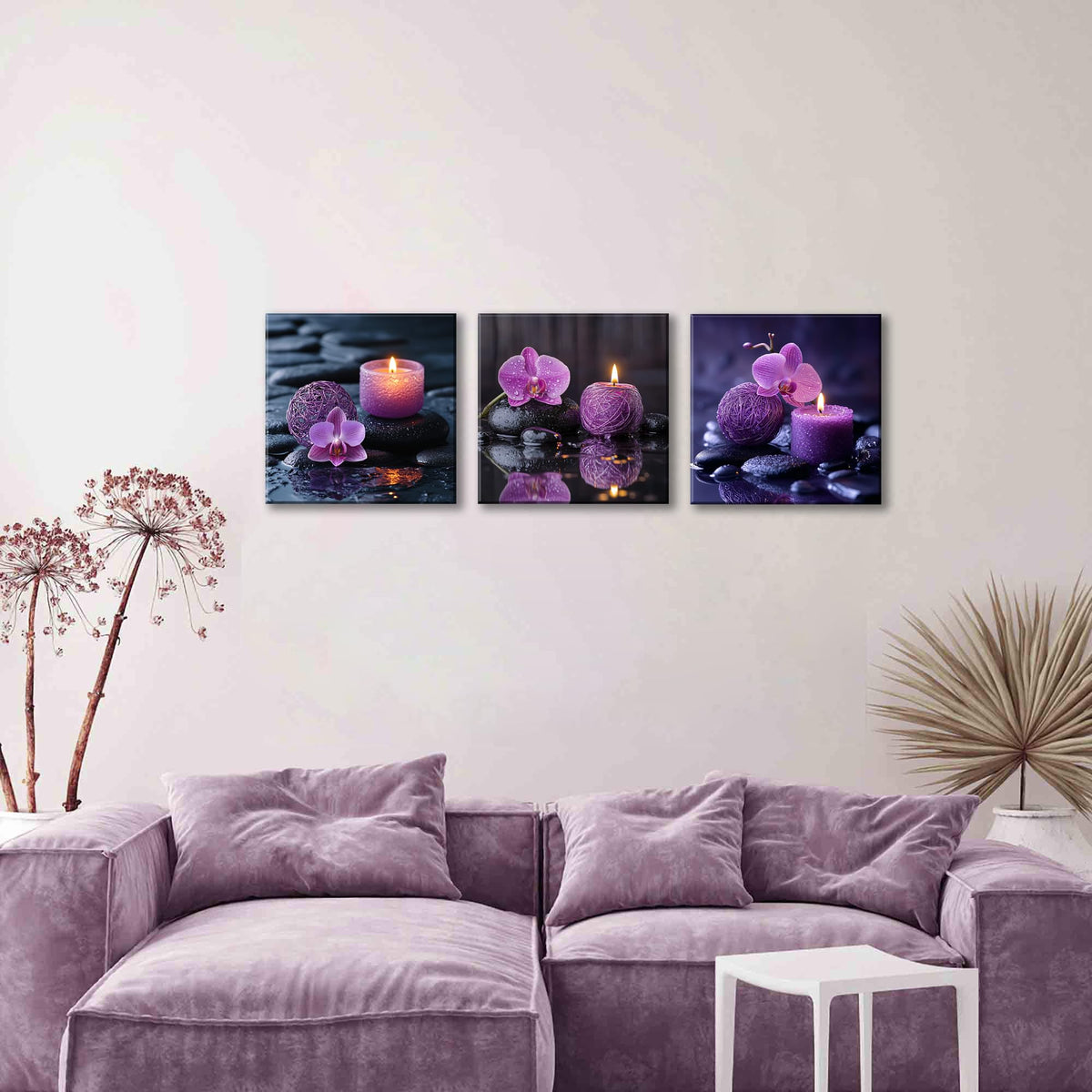 3PCS Zen Canvas Wall Art Purple Orchid Spa Decor Aromatherapy Candle Black Stone Prints Modern Meditation Room Decor Bathroom Yoga Studio Wall Pictures Relaxing Home Artwork Ready to Hang (16X16inchX3pcs / Serenity in Purple)