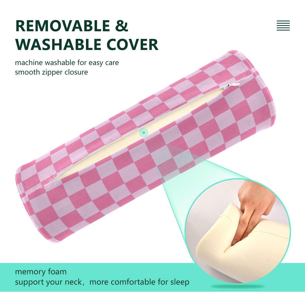 Checkered Pink Neck Roll Pillow Bolster Round Health Memory Foam Long Cervical Cylinder Pillows with Removable Washable Cover for Body Bed Legs Back Yoga (Checkered Pink)
