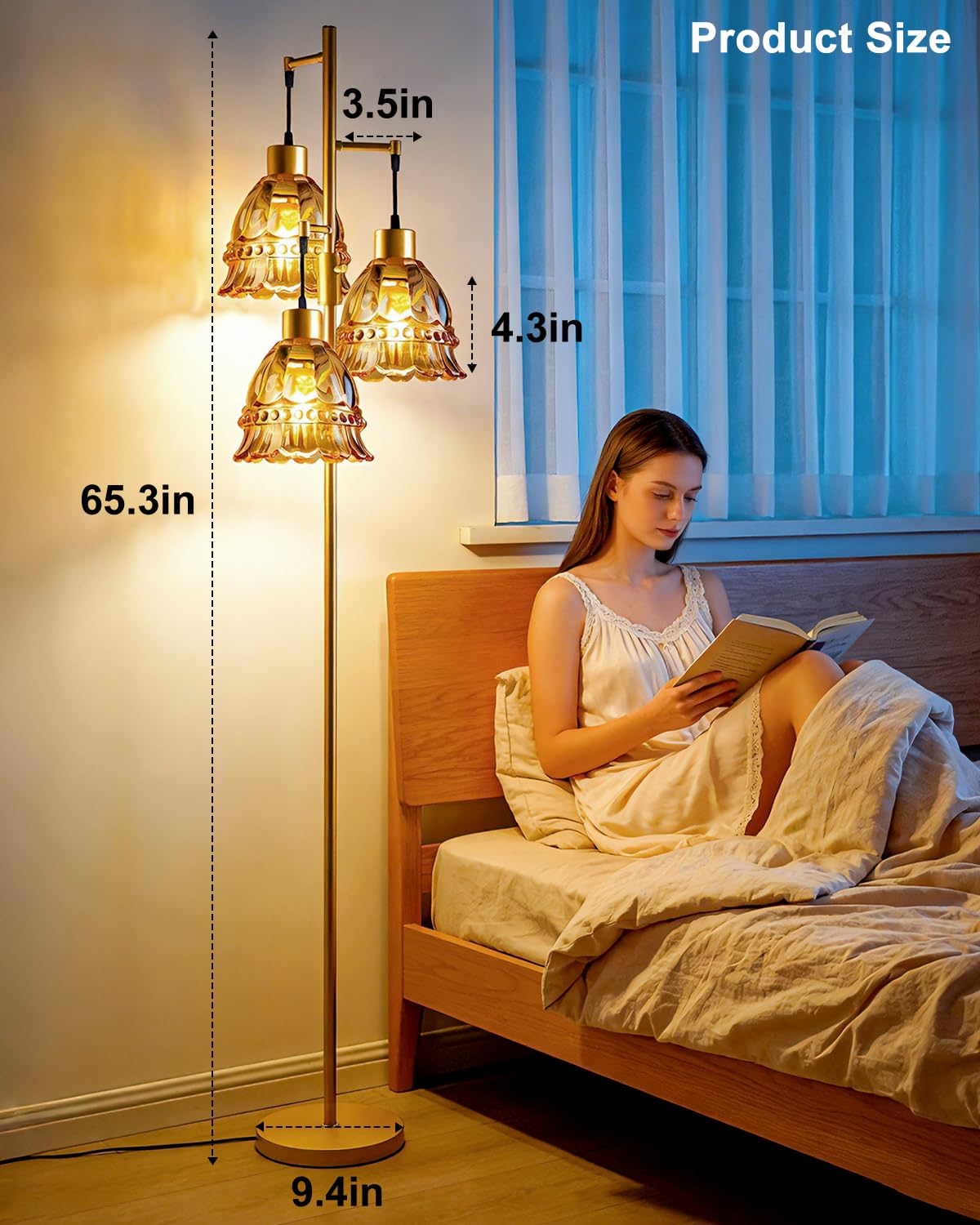 3 Lights Amber Glass Floor Lamp Dimmable Gold Floor Lamps Unique (3 Amber Bell-Gold)
