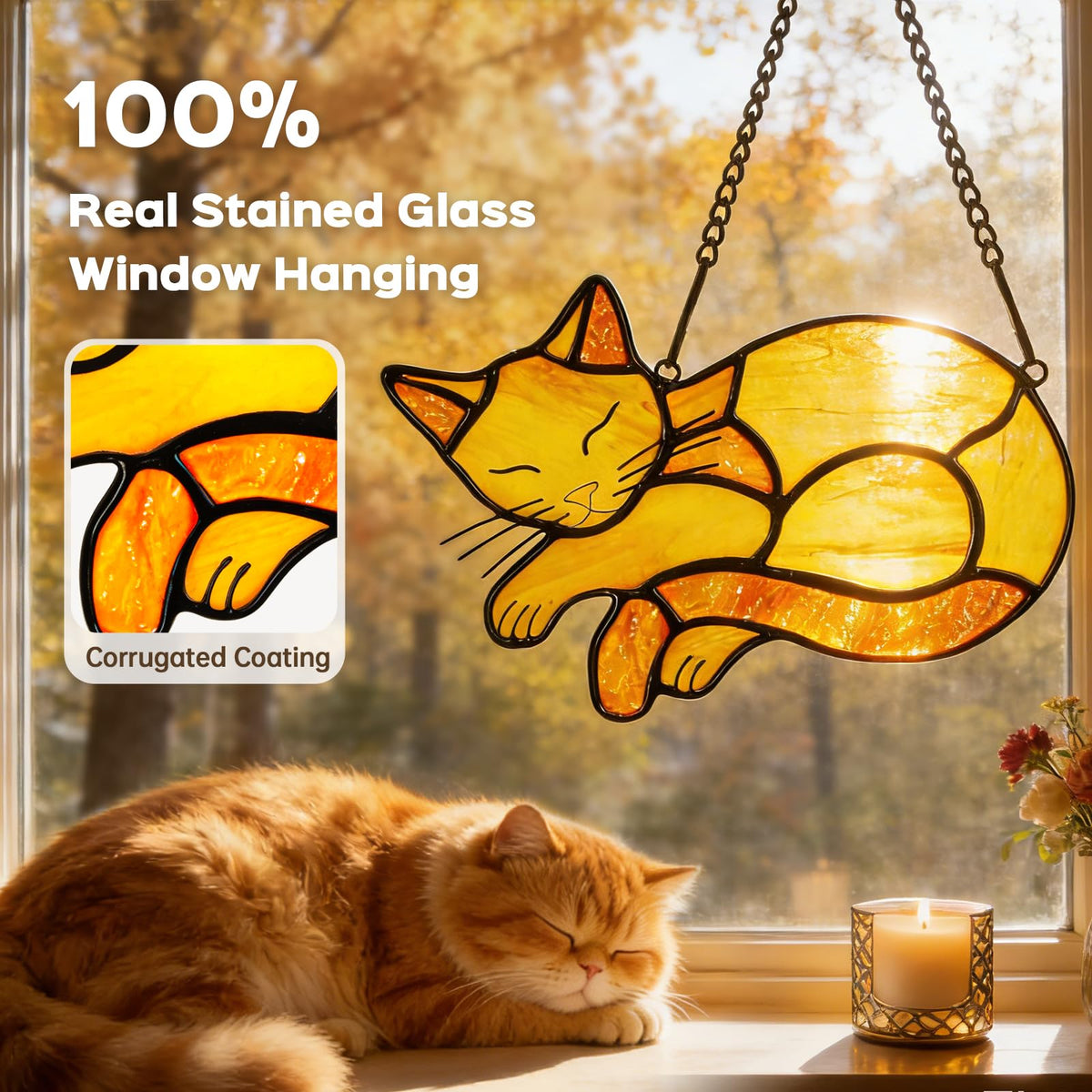 Orange Cat Stained Glass Suncatcher Decor for Window Hanging (Orange)