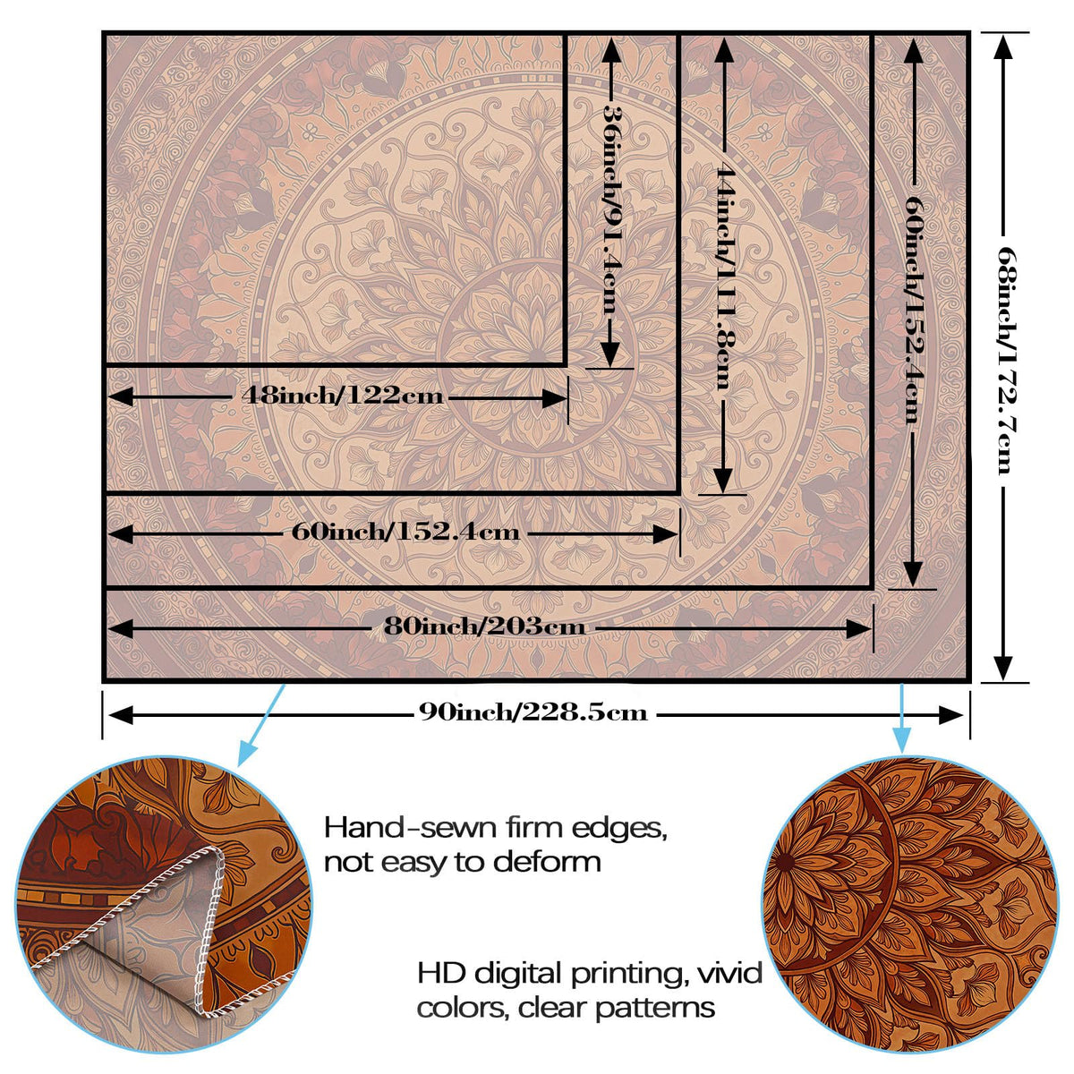 Tapestry Mandala Ornate Circular Pattern Tapestries Bohemian Orange Floral Tapestries Warm Earth Tone Wall Tapestry Bedroom Dormitory Living Room Decoration 60"x44" (60"L x 44"W / Tan)