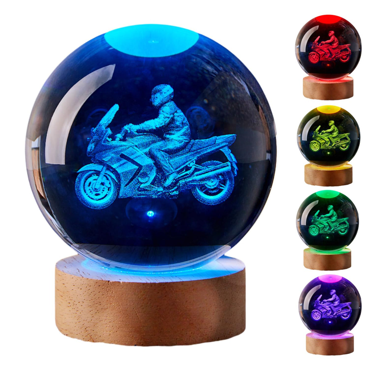 Large Motorcycle Crystal Ball Night Light with Woodern Base (motorcycle)