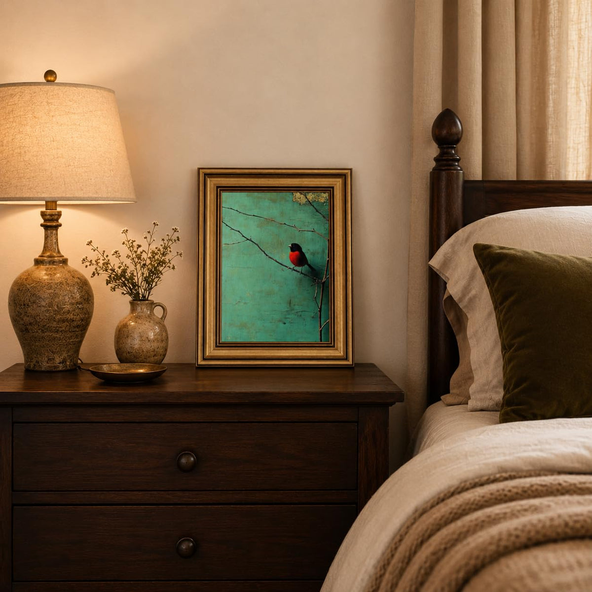 Red Bellied Bird Canvas Wall Art Framed Blue Green Sparrow Crow Decor Picture Vintage Rural Pastoral Bird Bedroom Living Poster Prints for Study Office Corridor Room Home Decoration (bird / 24"L x 16"W)