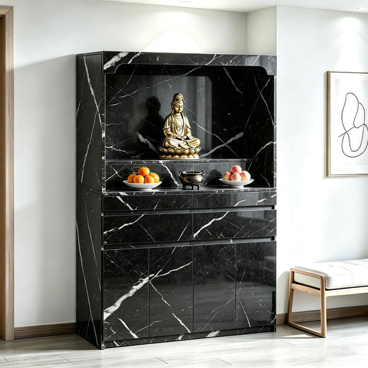 Altar Table Pooja Cabinet with Drawers and Storage Cabinets (47.2×15.7×65.4in / Black Grain)