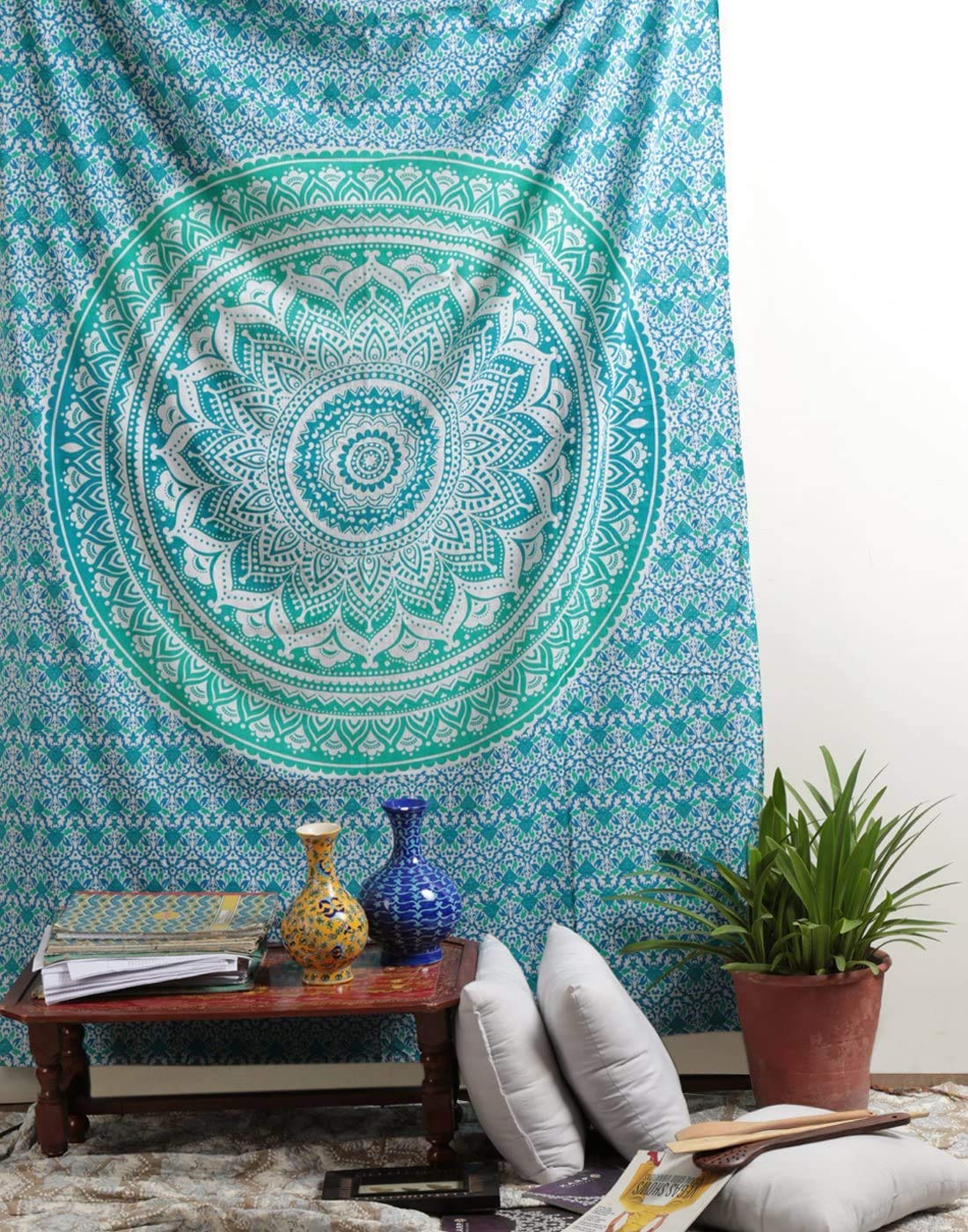 Indian Small Mandala Tapestry for Bedroom and Living Room Boho Wall Hanging Cotton Tapestries (Sea Green / 60"L x 50"W)