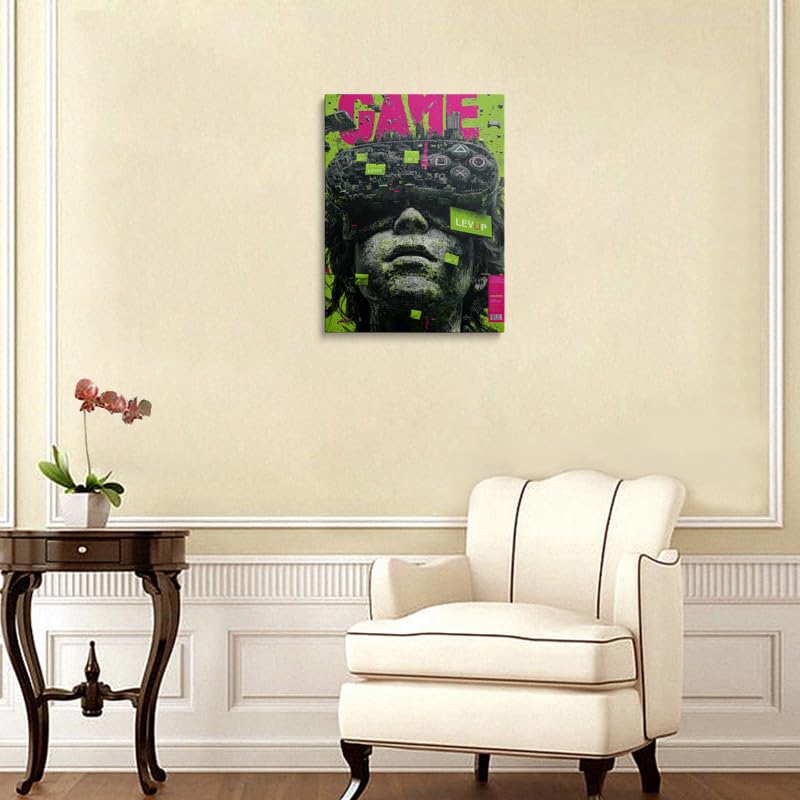 Futuristic Gaming Wall Art Canvas Framed Painting Glitch Style Digital Portrait with Cityscape Head and Neon Text Cyberpunk Decor for Boys Room Game Room Wall Decor Artwork 16x24 Inches (game / 24"L x 16"W)
