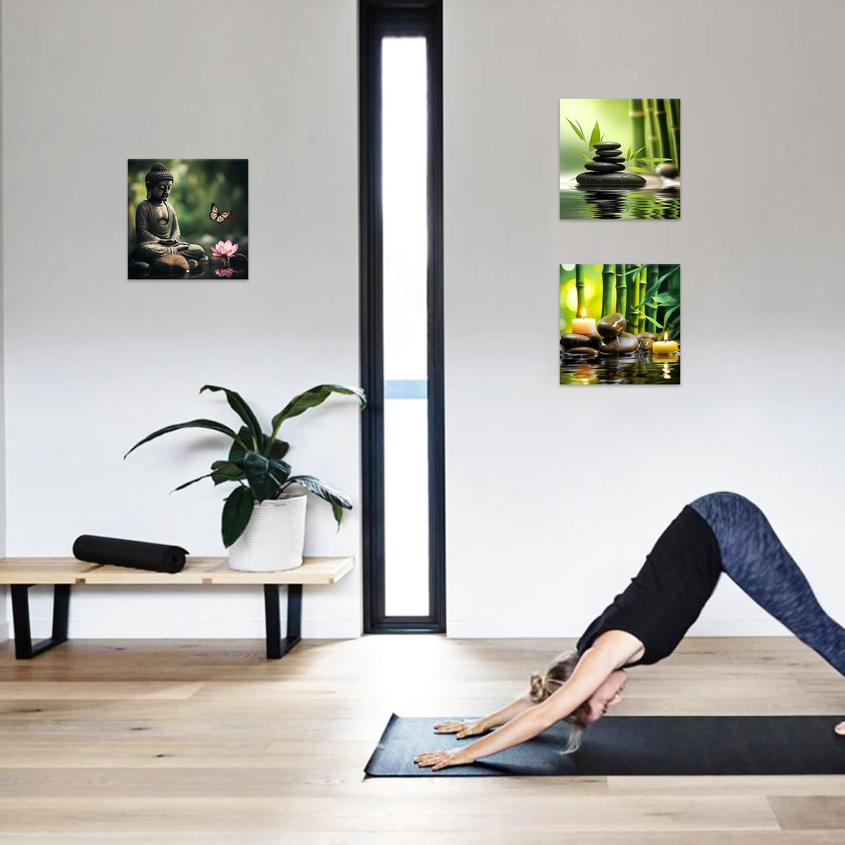 Zen Canvas Wall Art 3 Piece Bamboo Spa Pictures Zen Stones Candles Painting Buddha Print Beauty Treatment Meditation Room Decor Framed (B / 16"x16"x3)