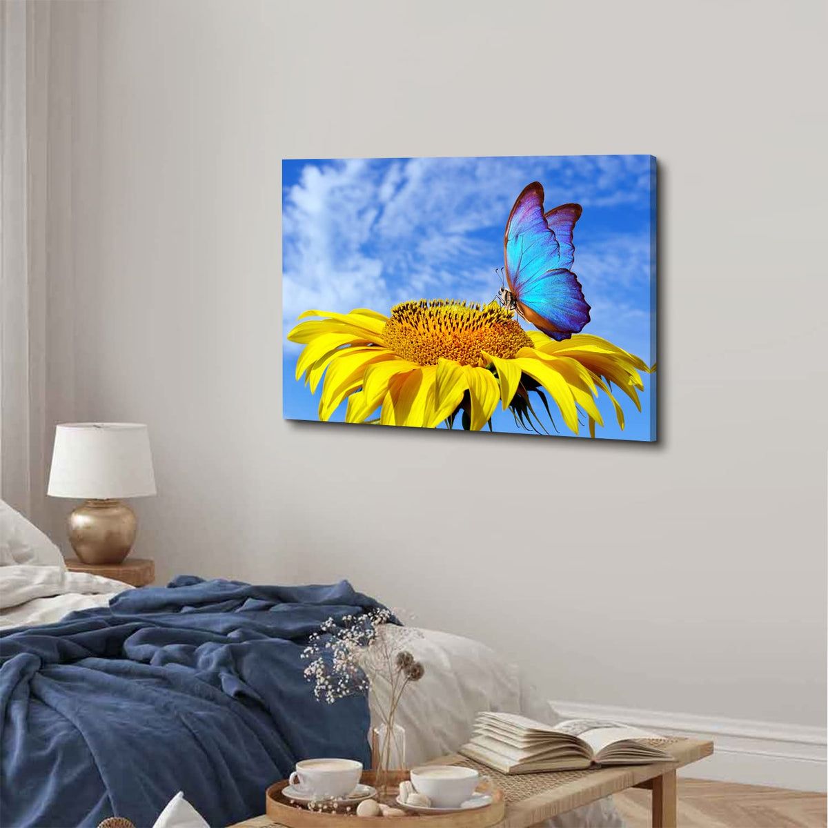 Sunflower Wall Art Bathroom Decor Blue Butterfly Canvas Pictures for Bedroom Sunflower Wall Decor Floral Posters Living Room Kitchen Home Decoration Yellow Sunshine Flower Painting Modern Artwork 24x36" (36"L x 24"W / Sunflower Butterfly)