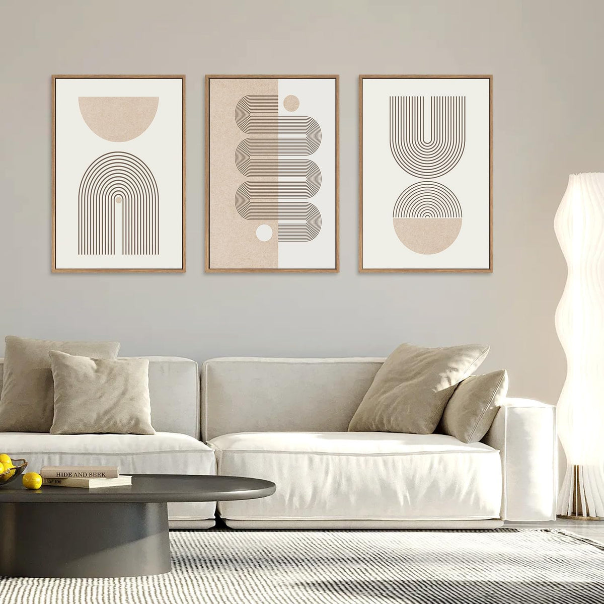 Framed Boho Wall Art Set of 3 (Beige Geometric Line / 24"L x 36"W)