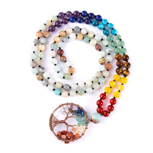 108 Mala Beads Necklace Tree of Life 7 Chakra Wrap Bracelet Real Healing Gemstone Yoga Meditation Hand Knotted Mala Prayer Bead Necklace (6mm / Amazonite)