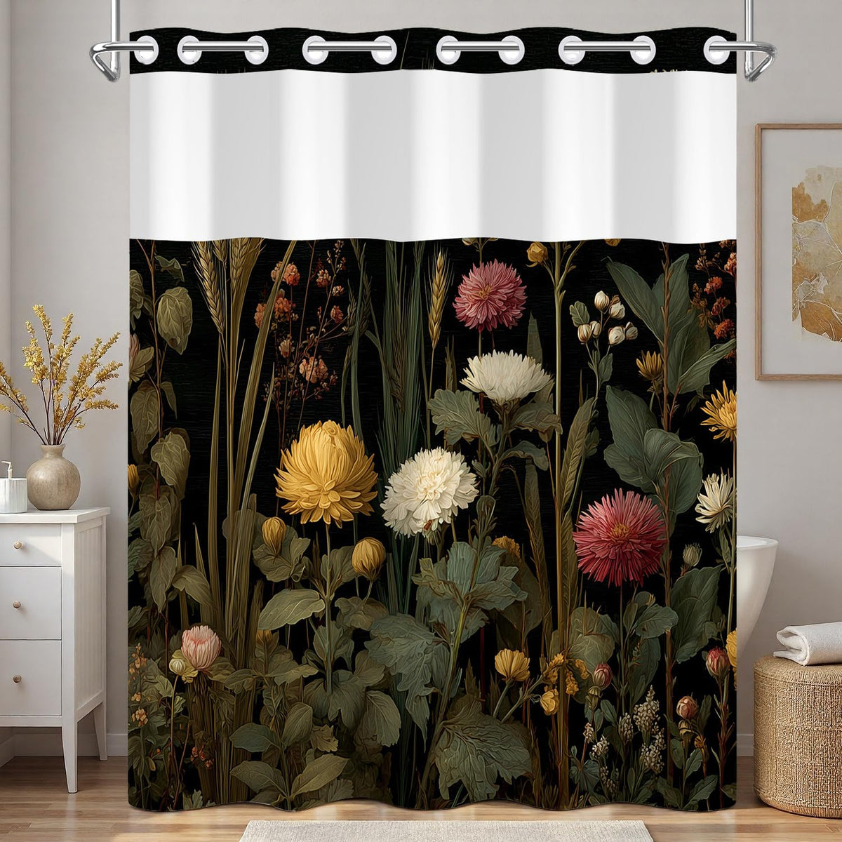 Moody Floral Shower Curtain with Snap in Liner (Gothic Garden)
