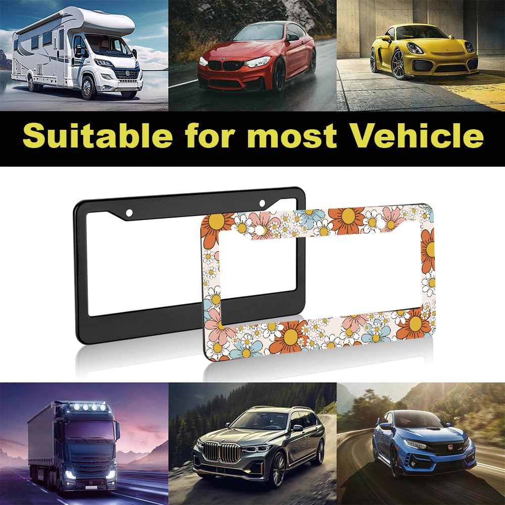 Dasiy Floral License Plate Frame for Women 2Pc Car Decorative Tag (for Floral-Daisy 7 color)