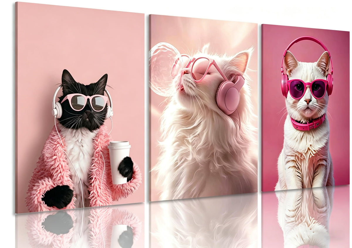 3 Pcs Funny Cat Wrapped Canvas Cat Headphones Wall Art Funny Black Cat Canvas Prints Pictures Cute Animal Poster Prints for Girls Room Dorm Apartment Home Home Decoration 16x24 in Ready to Hang (Wrapped Canvas / 16x24in)