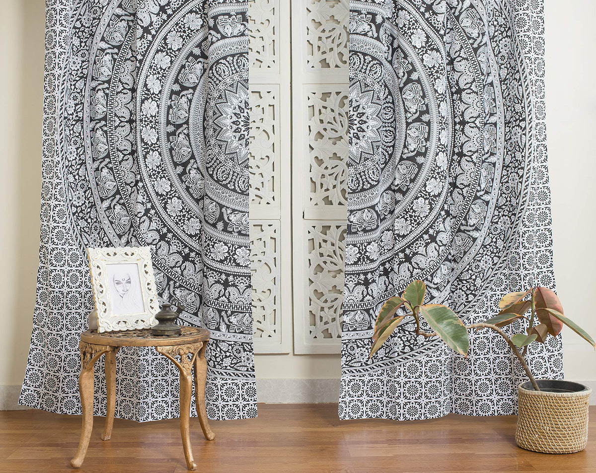 Printed Curtains Panels Set of 2 Indian Hippie Bohemian Beautiful Elephant Mandala Curtain Panels Black and White 42x100 Inch (42"W x 100"L (Pack of 2) / Black and White)