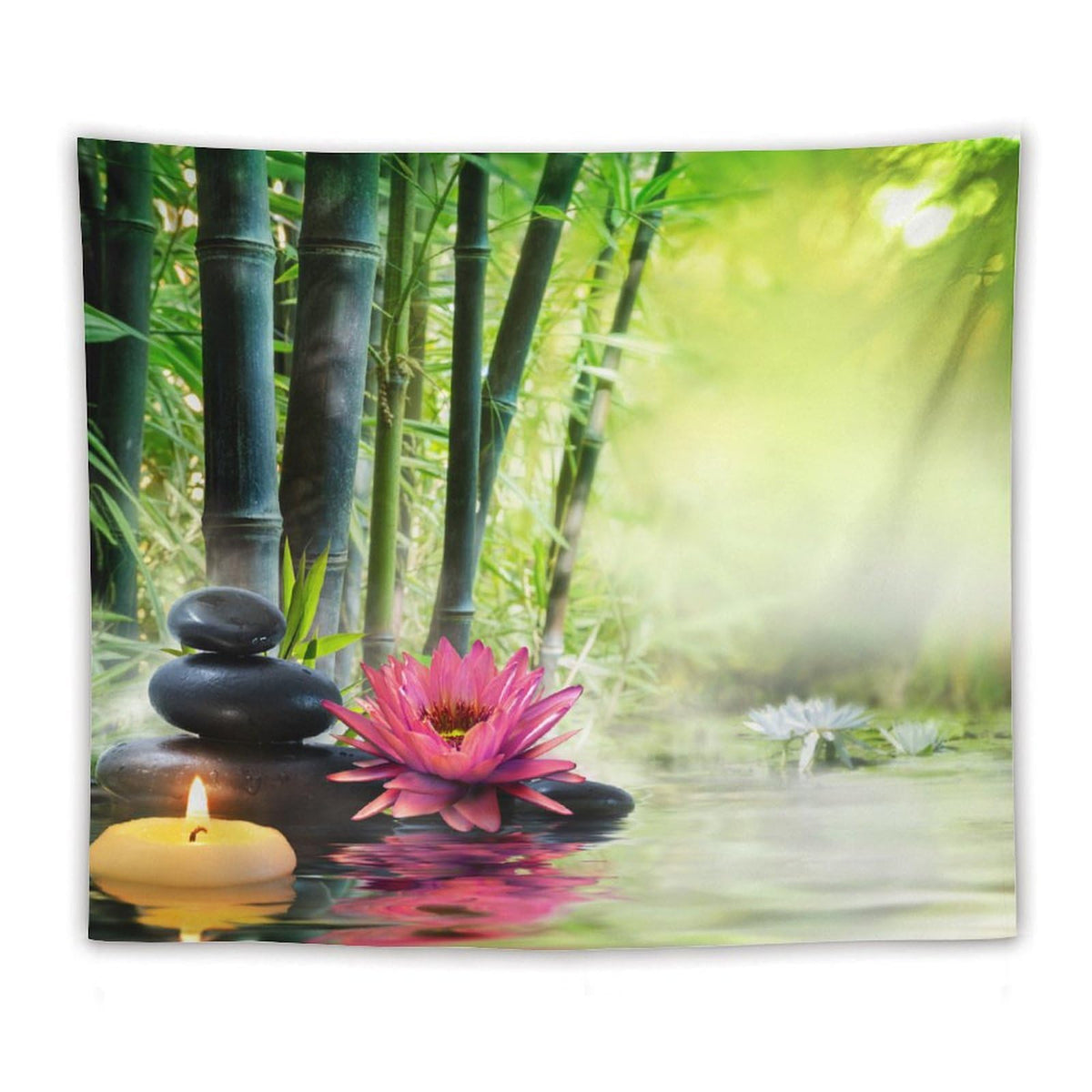 Japanese Garden View Tapestry Wall Hanging Spa Water Lotus Flower Zen Stone Relaxation Bamboos Candles Tapestries Home Decor for Living Room Bedroom Farmhouse Apartment Dorm 50"x60" (50"L x 60"W / Zen-17)