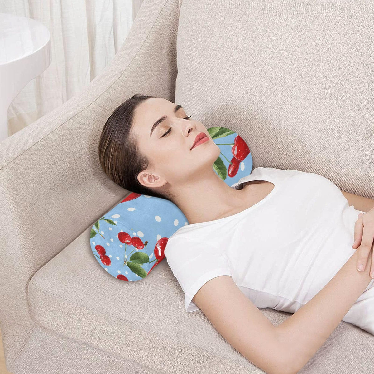Light Blue Dots Red Cherry Neck Roll Pillow Bolster Round Health Memory Foam Long Cervical Cylinder Pillows with Removable Washable Cover for Body Bed Legs Back Yoga (Light Blue Dots Red Cherry)