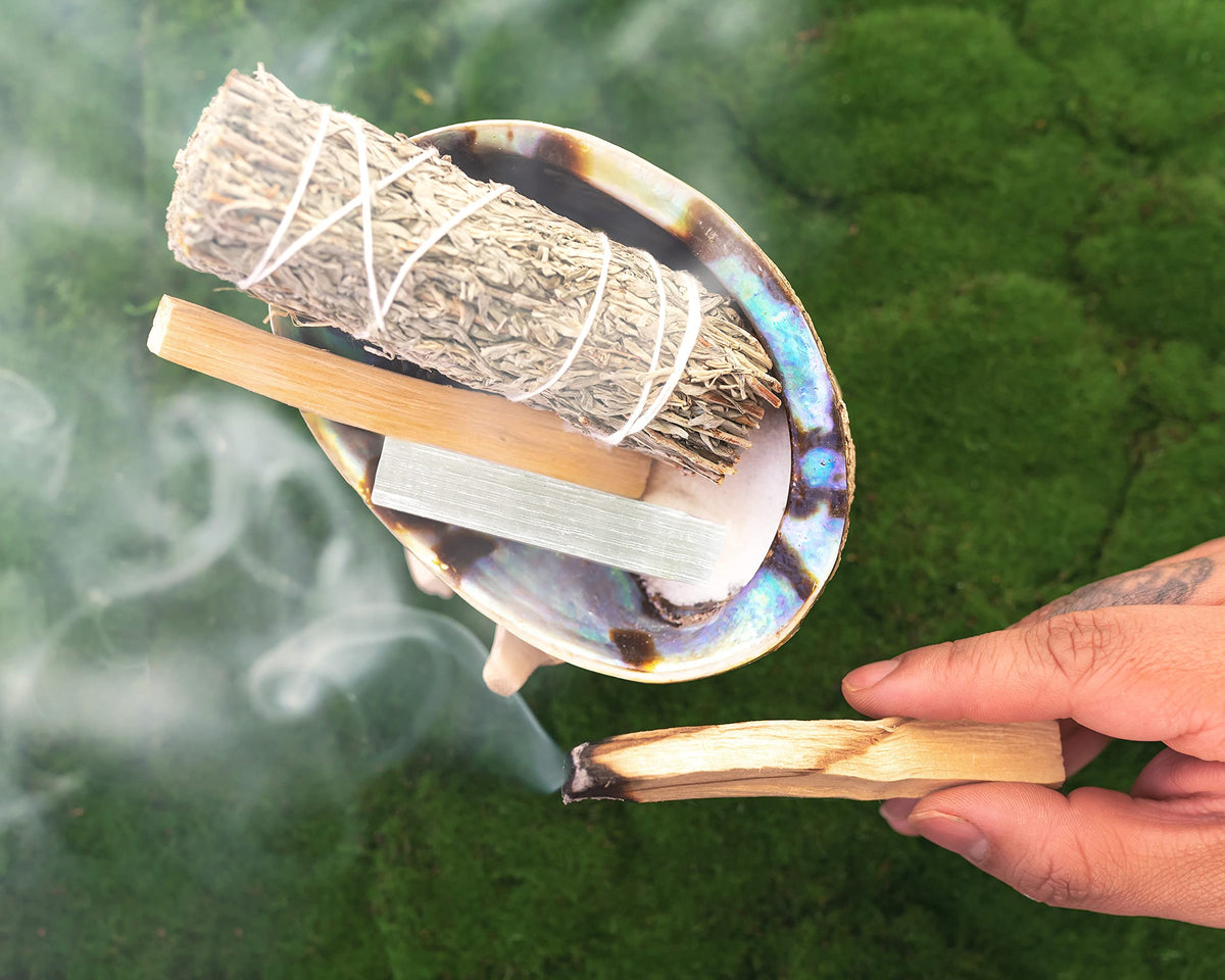 Sage Kit Blue Sage Smudge Stick ~ Abalone Shell for Smudging ~ Palo Santo Sticks ~ 2 inchTripod Stand ~ 8 inch Feather and White Sand