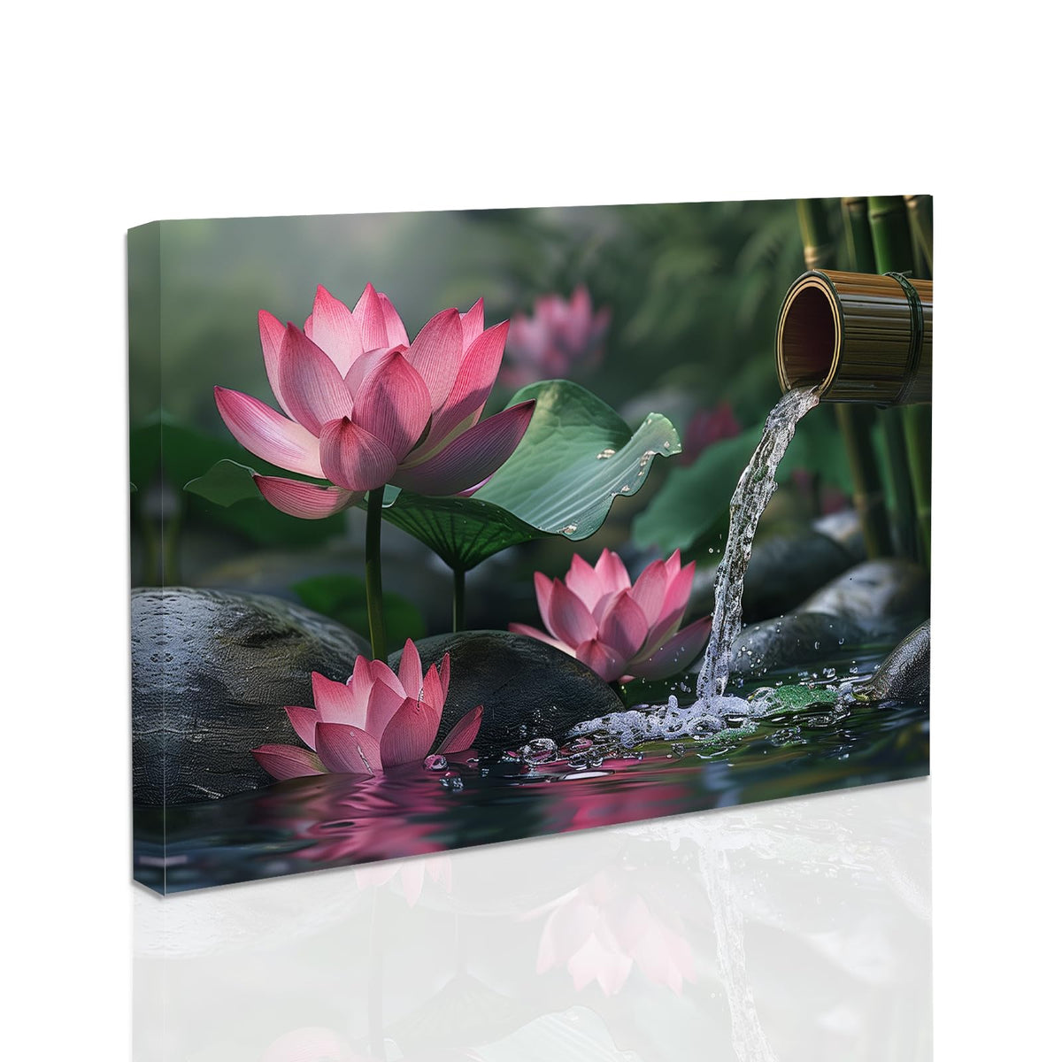 Pink Lotus Flower Picture Zen Flower Wall Art Spa Meditation Canvas Poster Spiritual Yoga Bathroom Print Wall Decor Framed (Green / 24"L x 36"W)