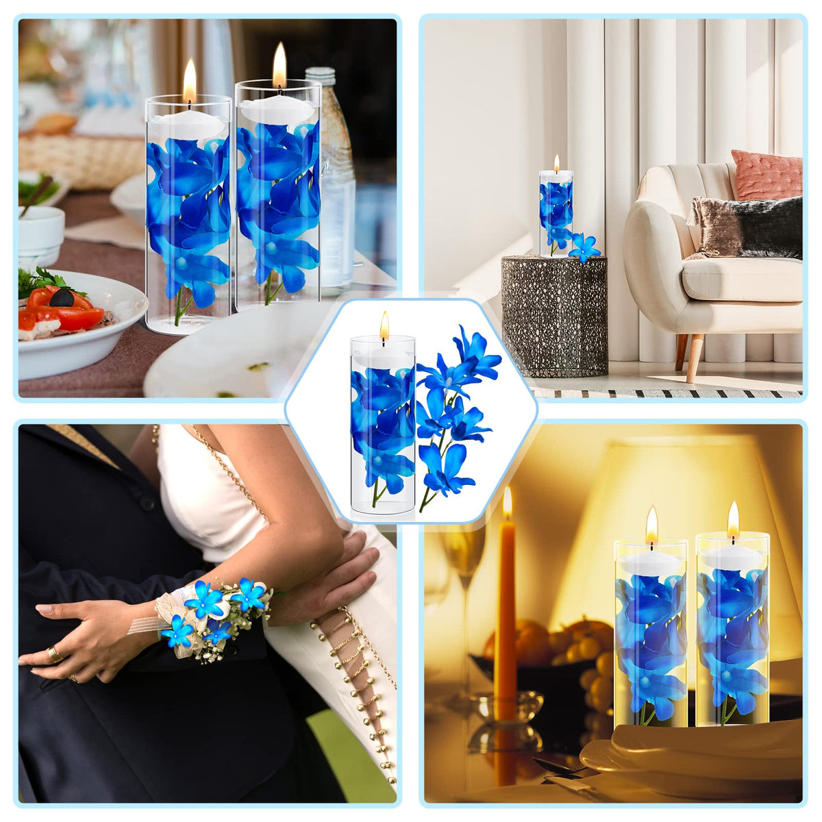 42 Pcs Blue Orchids Artificial Flowers Floating Candles Set