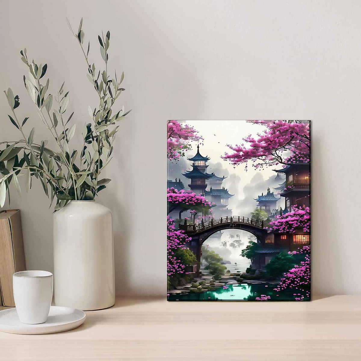 Eastern Zen Cherry Blossom Canvas Wall Art Japanese Ancient Architecture Decor Painting Picture Tokyo Anime Scene Posters Prints for Living room Hotel Bedroom Study Home Decoration (Japan / 24"L x 16"W)