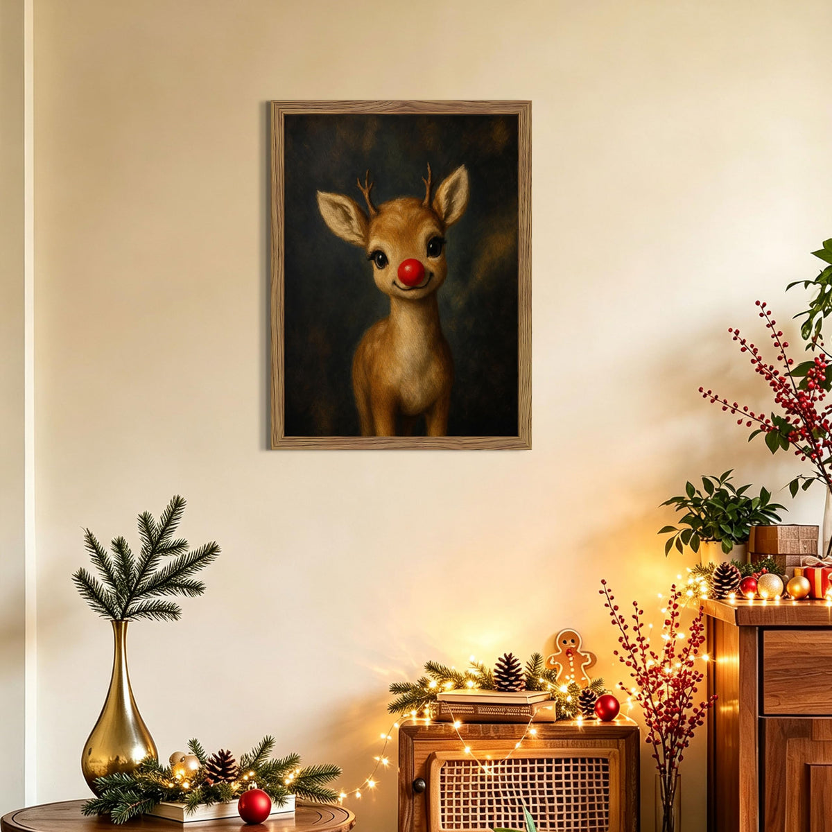 Vintage Christmas Wall Art (Red-nosed Deer / 24"L x 16"W)