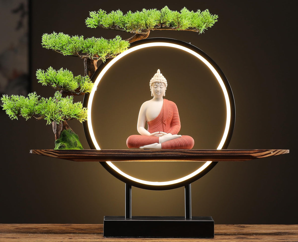 Red Buddha Statue with Green Artificial Tree and LED Circle Table Lamp (Red)