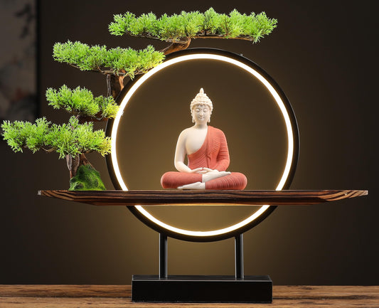 Red Buddha Statue with Green Artificial Tree and LED Circle Table Lamp (Red)