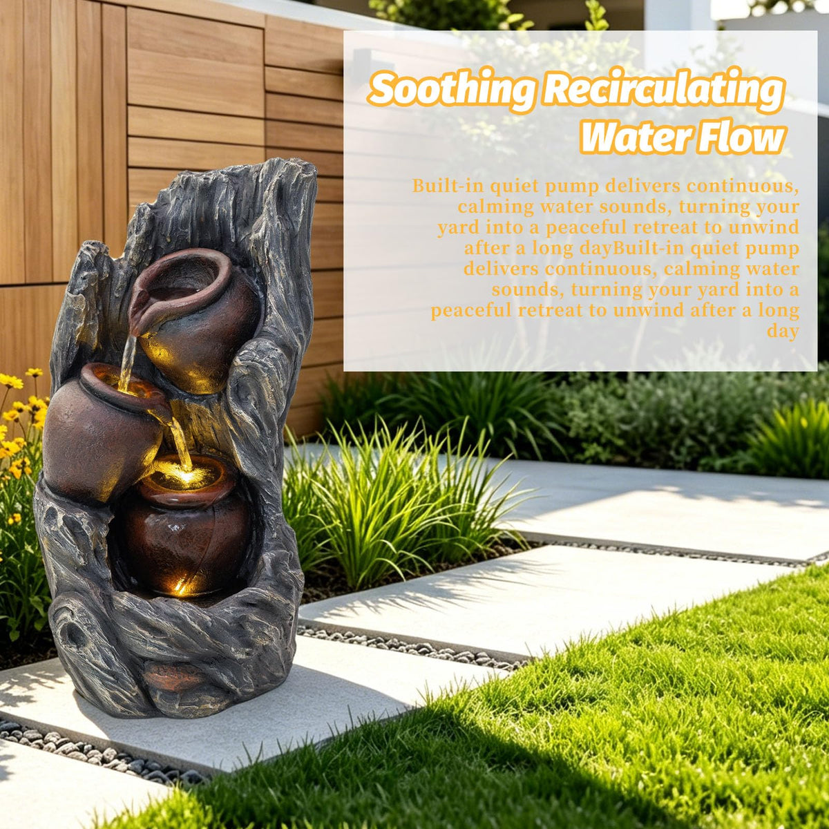 18.7" Resin Cascading Water Fountain Outdoor Indoor with LED Lights (18.7in Deed Tree Trunk & Jar)