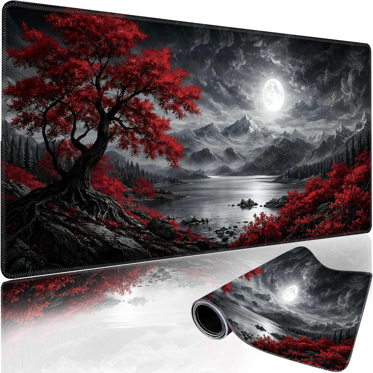Red Tree Mountains Large Gaming Mouse Pad Desk Mat Extended Mousepad (Red maple tree at night / 35.4L x 15.7W inches)
