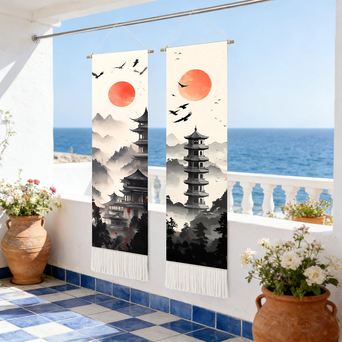 2 Pack Long Vertical Wall Tapestry (Zen Pagoda Twilight / 13"Wx51"H)