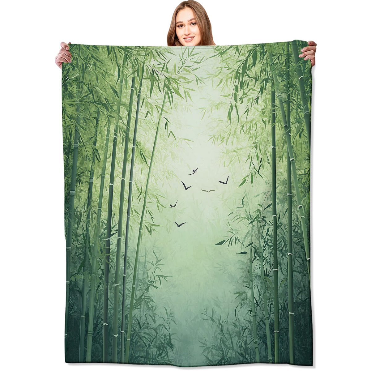 Forest Blanket Tranquil Green Bamboo Throw Blankets with Soaring Bird (50x60in / Bamboo)