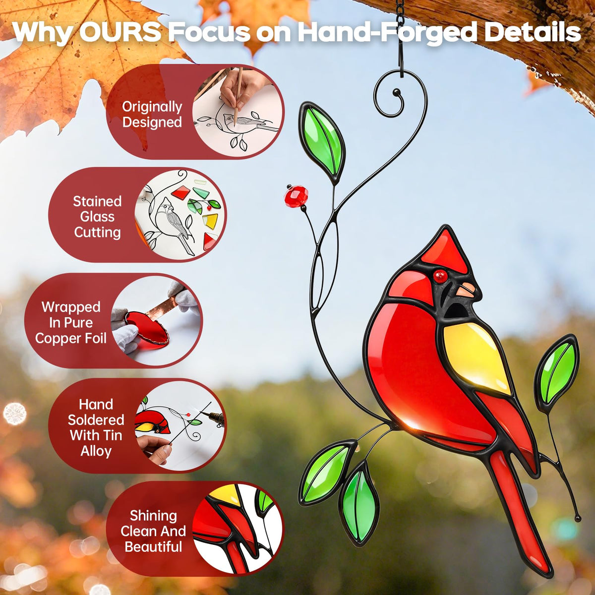 Cardinal Stained Glass Window Hanging Suncatcher (Red-cardinal / Small)