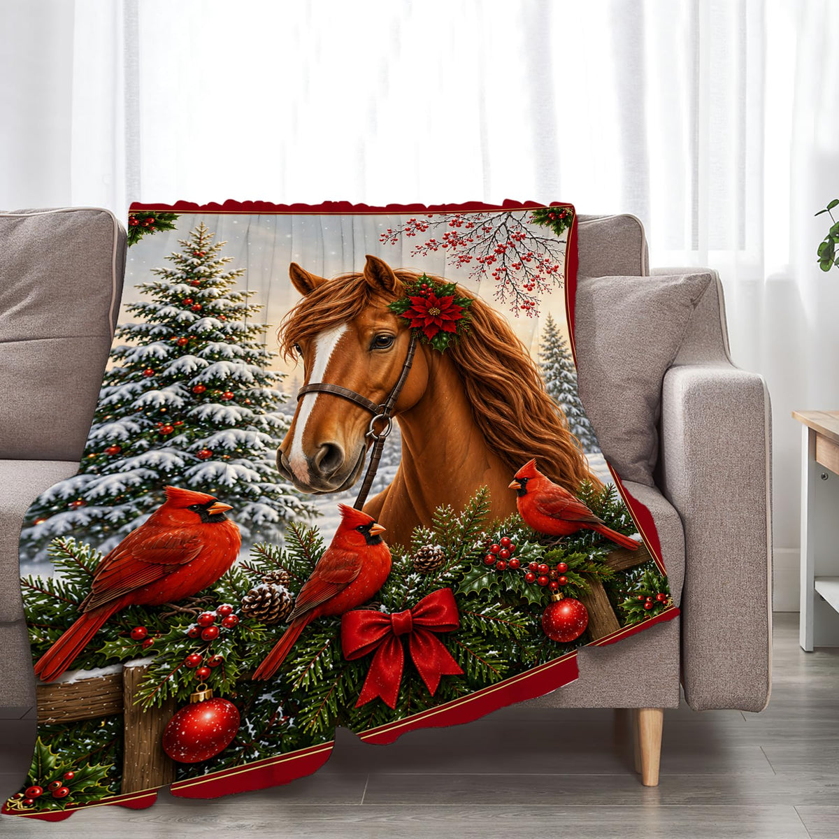 Christmas Horse Blanket (40"x50" / Horses and Cardinals)