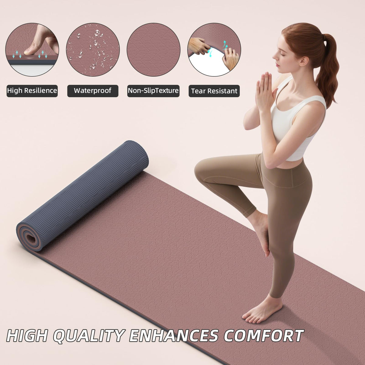 Yoga Mat 10mm Extra Thick and 193cm Extra Long (Dark Pink+Dark Grey)