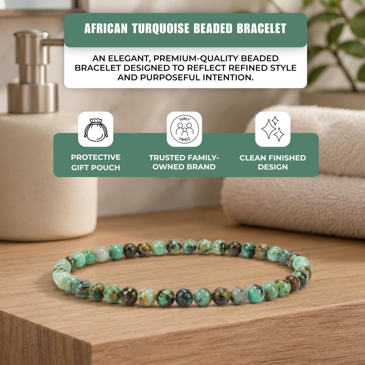 African Turquoise Bracelet 4mm Beaded Bracelet (African Turquoise / Medium)