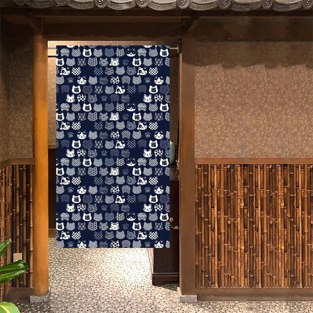 Japanese Noren Curtain Doorway Curtains 67in Long Size Traditional Room Divider for Kitchen Bedroom Pet Friendly Privacy Home Decor Japanese Cat Pattern (Japanese Cat Pattern / 33.5"W x 67"L (Pack of 1))