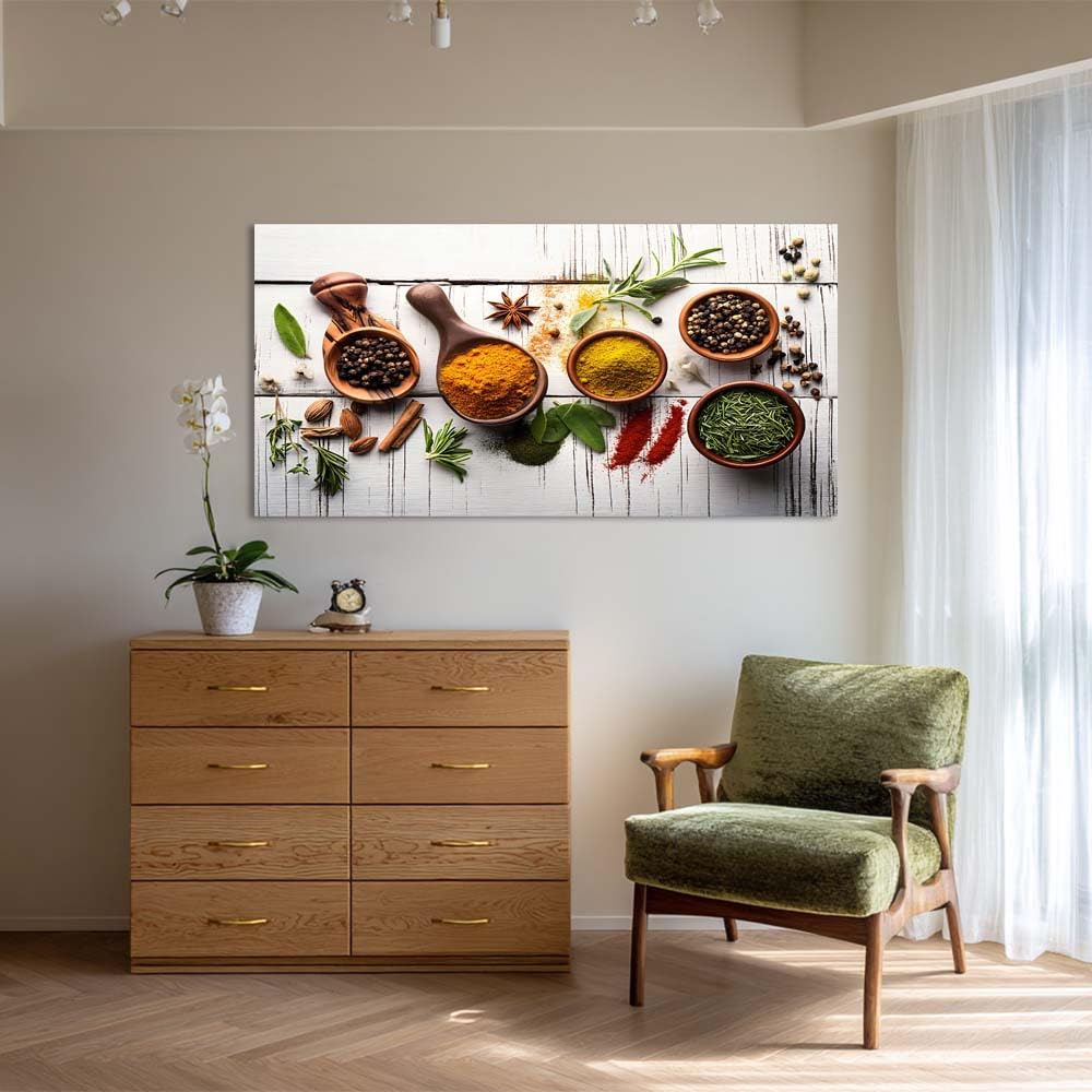 Vintage Culinary Spices Canvas Wall Art Turmeric Curry Herbs Painting Flat Print Gallery Wrapped Artwork for Living Room Bedroom Bathroom Decor (Retro / White Spice Arrangement 15 / 58"L x 28"W)