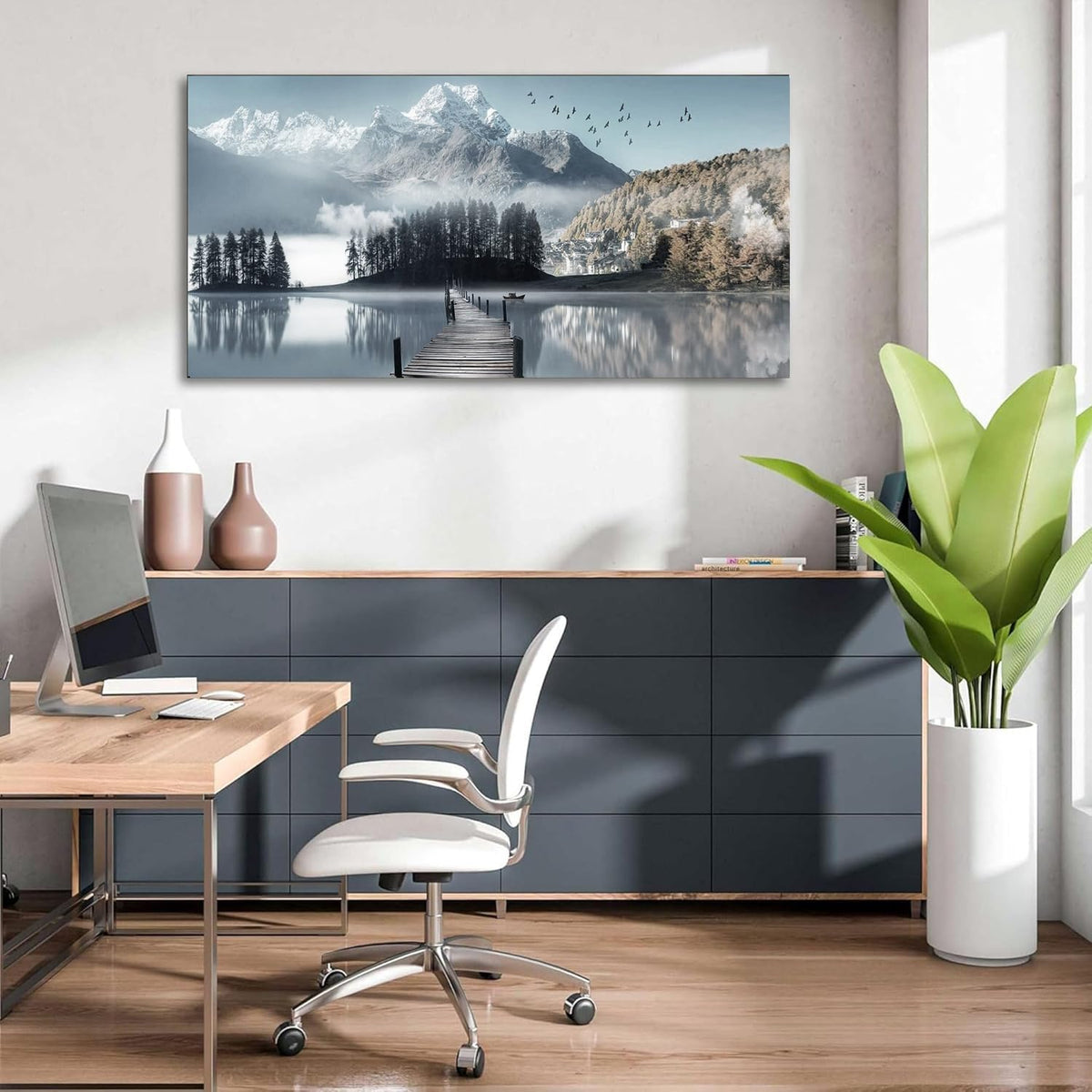 Large Lake Wall Art Mountain Picture Landscape Wall Decor Living Room Nature Canvas Painting Tree Print Scenery Poster Office Artwork for Bedroom Wall Art Home Decoration (Wlake / 60"L x 30"W)