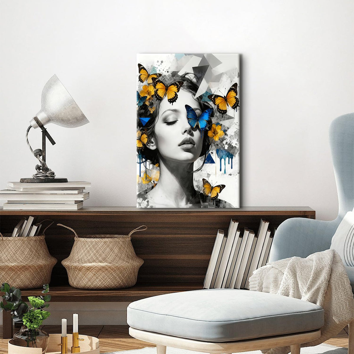 Women Portrait Wall Art Blue Yellow Butterfly Paintings Picture Abstract Black and White Women Wall Decor Aesthetic Minimalist Canvas Prints Artwork for Bedroom Bathroom Spa Home Decorations 16x24" (24"L x 16"W / Women)