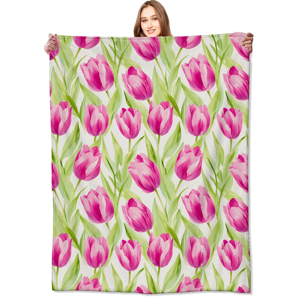 Floral Pink Tulip Blanket Watercolor Flower Throw Blankets with Green Leaves (40x50in / Tulip)