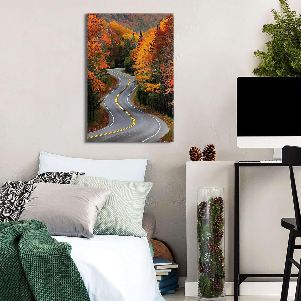 Large Forest Wall Art Autumn Mountain Pictures Wall Decor for Living Room Farmhouse Country Road Landscape Canvas Prints Nature Red Orange Woodland Artwork for Kitchen Office Home Decoration 24x36" (36"L x 24"W / Fall Road)