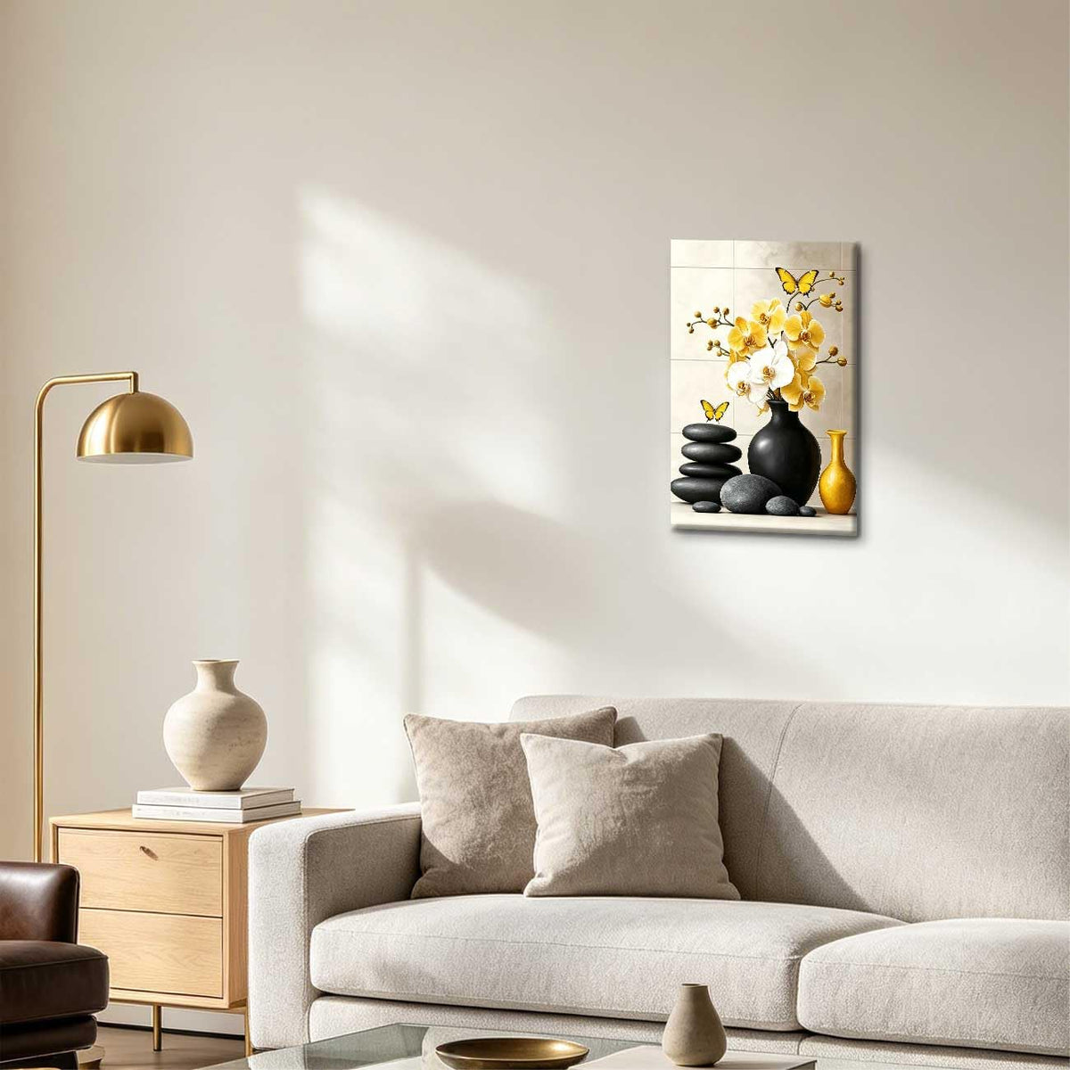 Orchid Flower Canvas Wall Art Zen Bathroom Pictures Prints Spa Stone Butterfly Wall Decor Black White Yoga Meditation Paintings for Living Room Bedroom (Yellow / 30"L x 20"W)