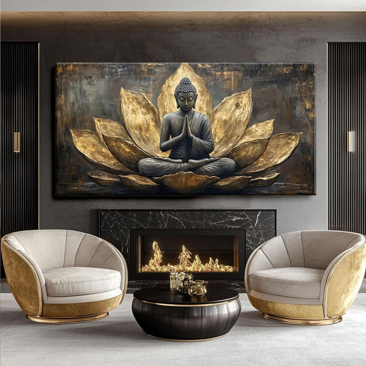 Large Buddha Lotus Canvas Wall Art Abstract Gold and Grey Zen Buddhism Decor painting Pictures Modern Serene Meditation Posters Prints for living room Bedroom Office Hallway Home Decoration (gold / 48"L x 24"W)