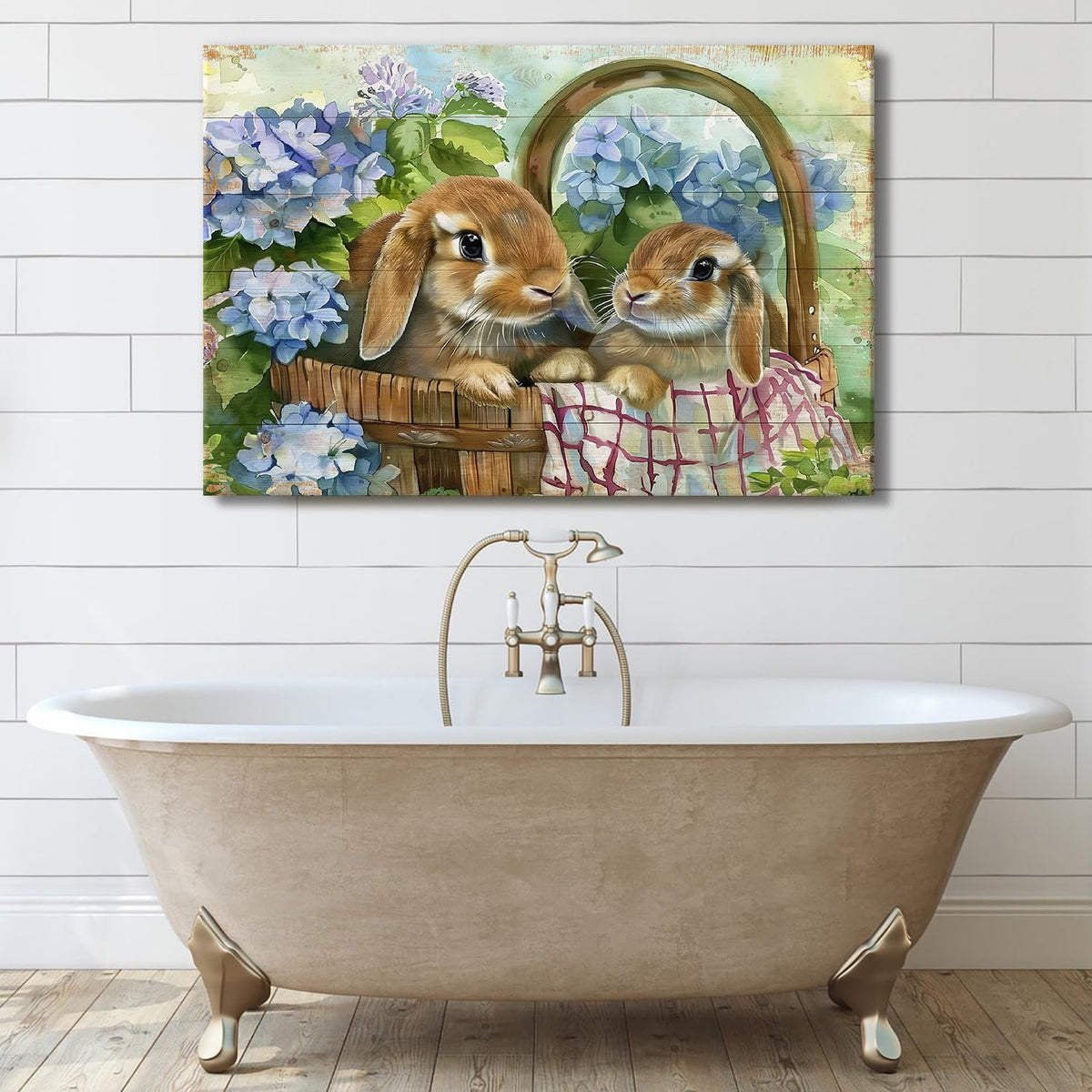 Rabbits Wall Art Easter Wall Decor Blue Flower in Basket Picture Canvas Prints Funny Bunny Poster Vintage Animals Painting Farmhouse Rustic Artwork Kitchen Bedroom Living Room Home Decoration 32x48" (48"L x 32"W / Rabbit)