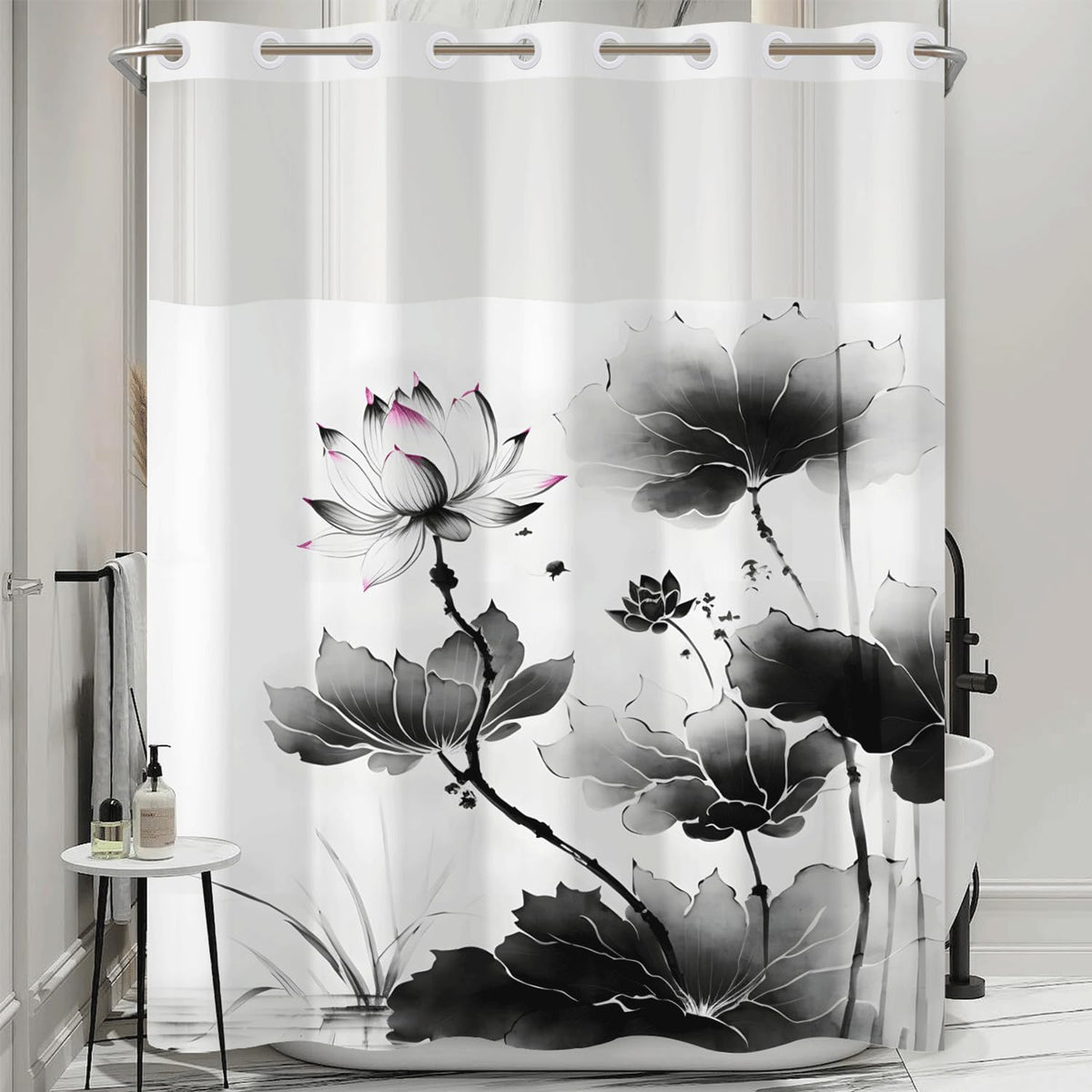 No Hook Shower Curtain and Liner Set (Lotus)
