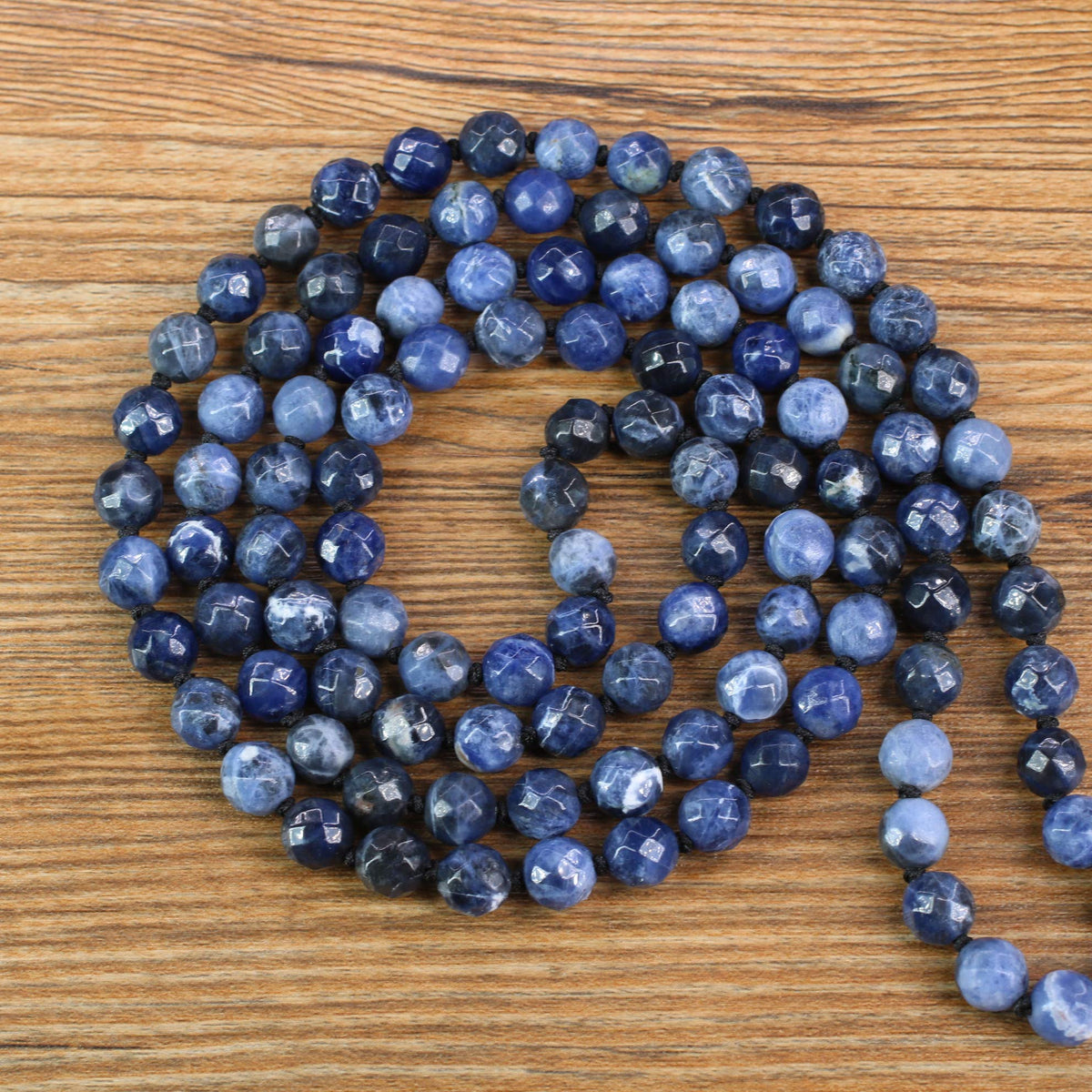 OM Charm Hand Knotted Tassel Sodalite Stone 108 Mala Beads Necklace 8mm (8mm / Faceted Sodalite)