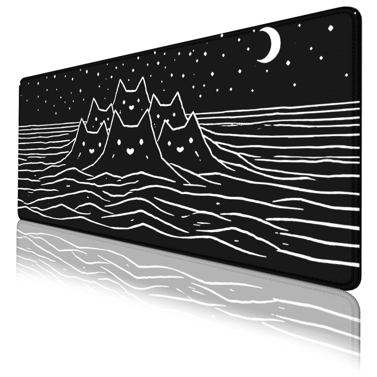Black White Cat Gaming Mouse Pad Minimal Mountain Ocean Night Large Gaming Mouse Mat with Stitched Edges (31.5L x 11.8W inches / Black White Cat)