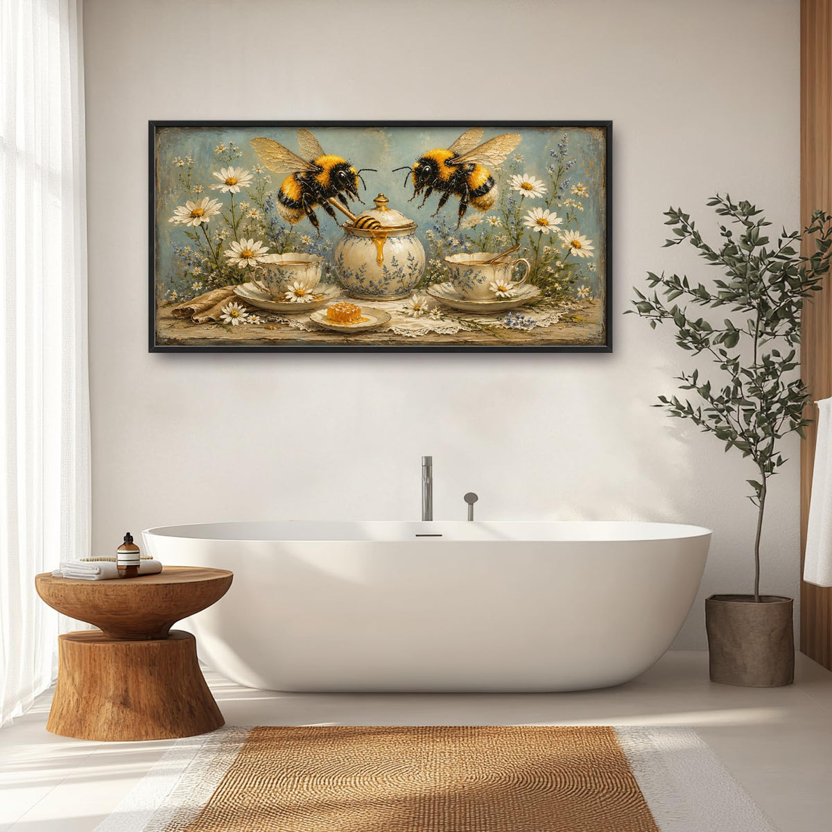 Large Framed Vintage Bee Honey Wall Art Daisy Wall Decor 60"x30" (Bee / 60"L x 30"W)