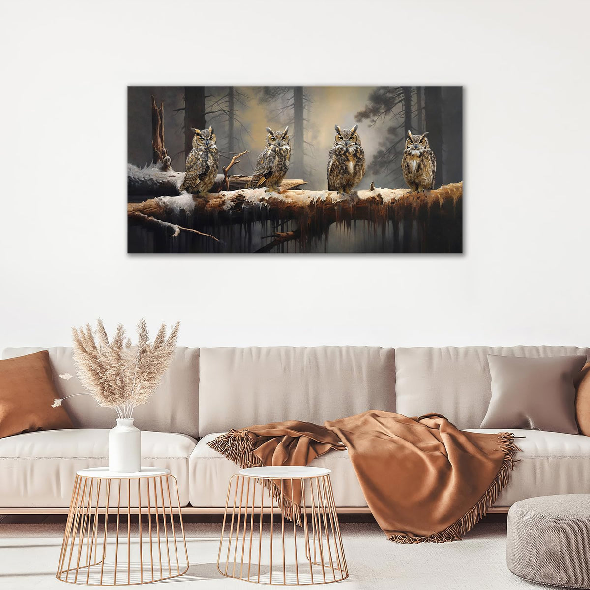 Owl Wall Art Four Owls On The Branch Pictures Large Wall Decor Misty Forest Animals Canvas Print Painting Home Bird Decoration Modern Framed Artwork for Living Room Bedroom Office Home 60"x30" (60"L x 30"W / Four Owls on The Branch)